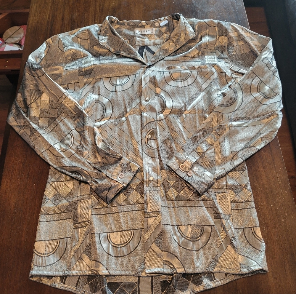 Pronti Mens Geometric Polo Shirt Beige Tan Gray Retro Pattern Large